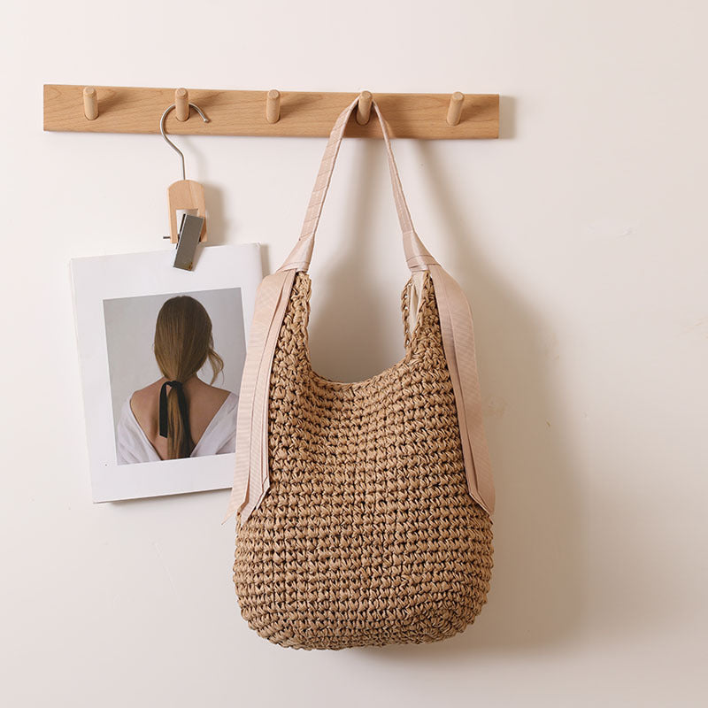 Ribbon Shoulder Straw Bag Large Capacity Solid Color Woven Bag Seaside Vacation Beach Bag Straw Bag One Size Ribbon Crochet Rice