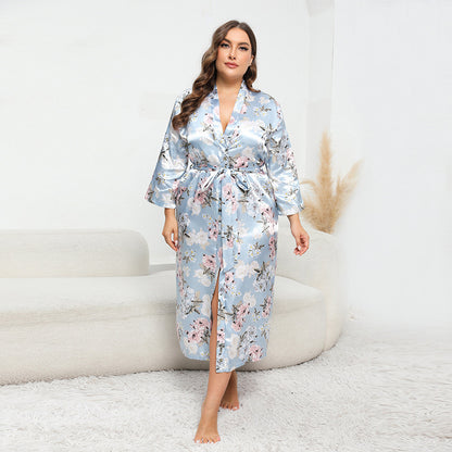 Plus Size Women Artificial Silk Satin Long Sleeved Pajamas Plump Girls Wearable Home Camellia Light Blue