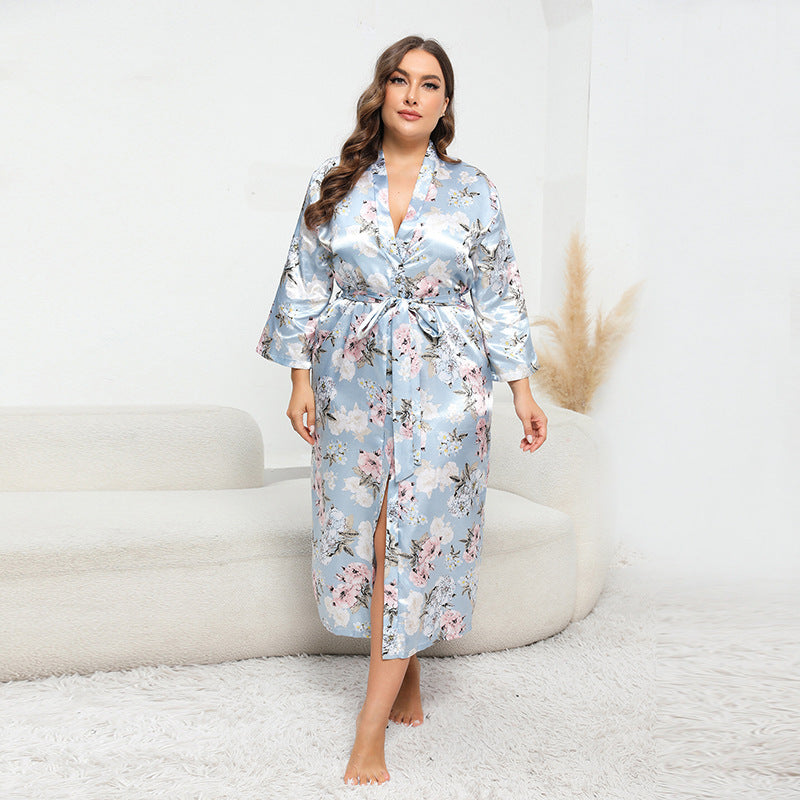 Plus Size Women Artificial Silk Satin Long Sleeved Pajamas Plump Girls Wearable Home Camellia Light Blue