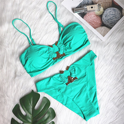 Sexy Swimsuit Metal Accessories Hollow Out Cutout Bikini Solid Color Tube-Top High Waist Women Swimwear Green