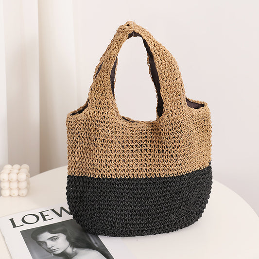 Color Matching Casual Portable Straw Weaved Bag Special Interest Design Contrast Color Woven Bag Wrist Bag Seaside Vacation Beach Bag