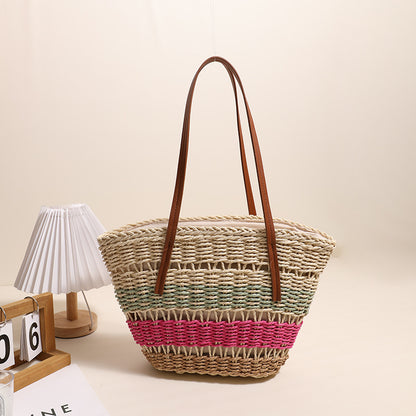 Colorful Striped Shoulder Straw Bag Large Capacity Straw Bag Woven Bag Rattan Women Bag Portable Vegetable Basket One Size Three-Color Basket Green Pink Coffee