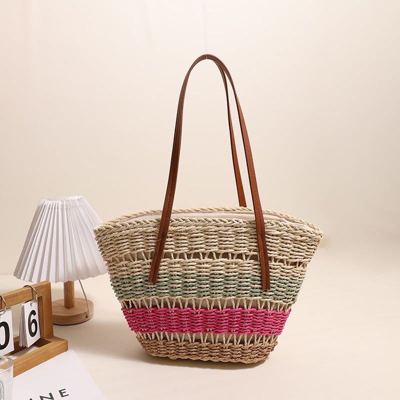 Colorful Striped Shoulder Straw Bag Large Capacity Straw Bag Woven Bag Rattan Women Bag Portable Vegetable Basket One Size Three-Color Basket Green Pink Coffee