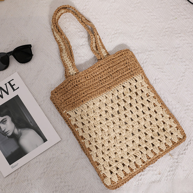 Color Matching Hollow Out Cutout out Crochet Shoulder Straw Bag Special Interest Design Hand Woven Bag Seaside Vacation Beach Bag
