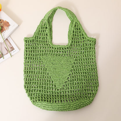 Large Capacity Hollow Out Cutout Straw Bag Fresh Candy Color One Shoulder Tote Woven Bag Portable Women Beach Bag One Size Green