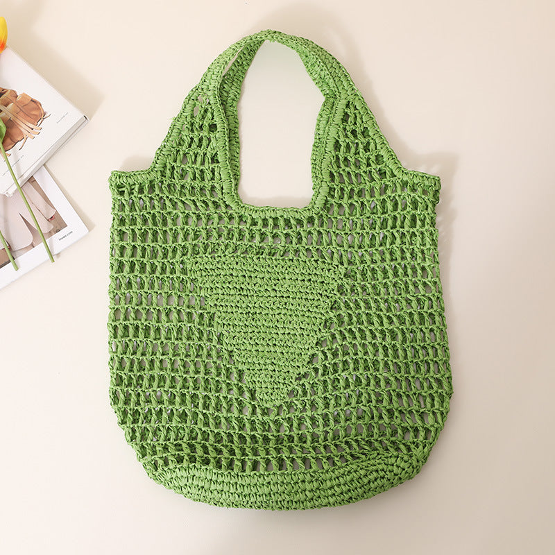 Large Capacity Hollow Out Cutout Straw Bag Fresh Candy Color One Shoulder Tote Woven Bag Portable Women Beach Bag One Size Green