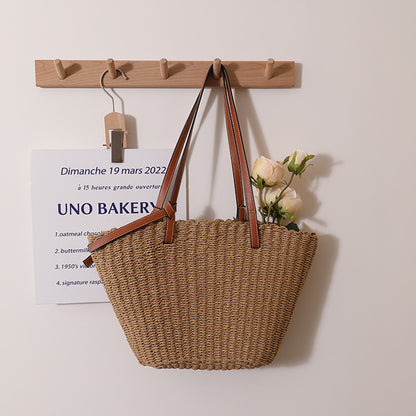 Simple Shoulder Straw Bag Large Capacity Woven Tote Women Bag Seaside Vacation Beach Bag One Size No Hanging Coffee