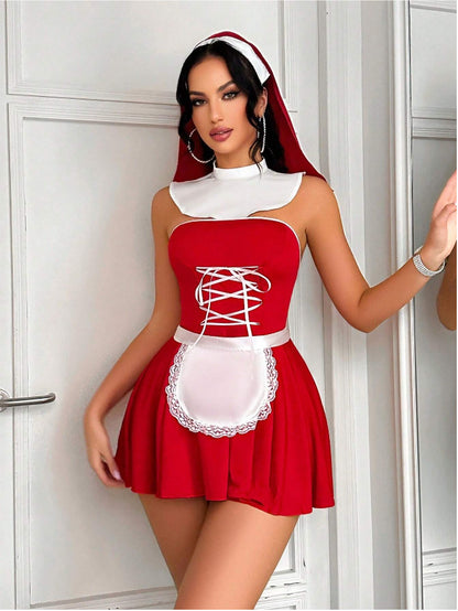 Sexy French Vintage Club Maid Cos Sexy Lingerie Set Red