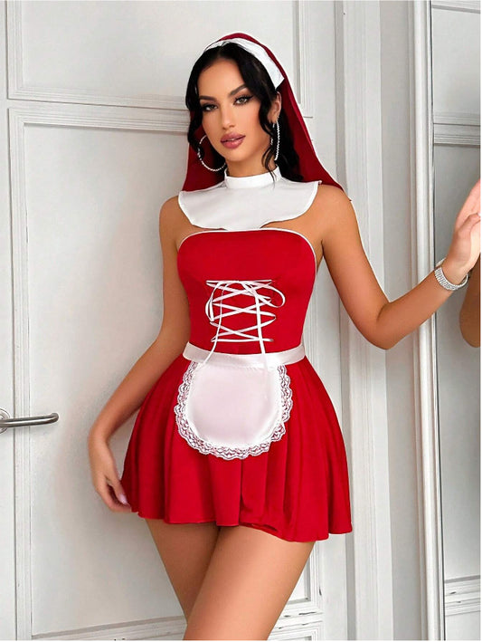 Sexy French Vintage Club Maid Cos Sexy Lingerie Set Red