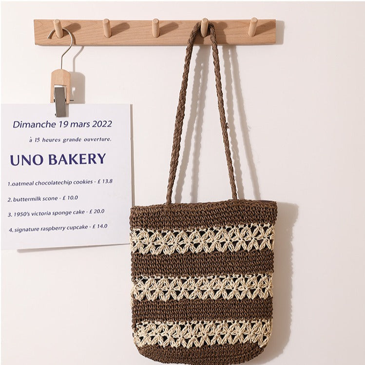 French Hollow Out Cutout Straw Bag Woven Bag One Shoulder Portable Large Capacity Handmade Women Bag Summer Seaside Vacation Beach Bag