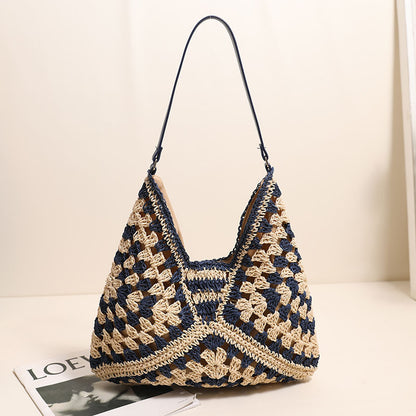 Casual Hollow Out Cutout Shoulder Straw Bag Triangle Large Capacity Straw Bag Woven Bag Vacation Beach Bag Women Bag One Size Grandmother Plaid Blue