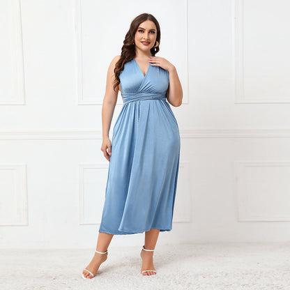 Plus Size Irregular Asymmetric Formal Dress Women Cross Backless Sexy Lace up Dress Haze Blue