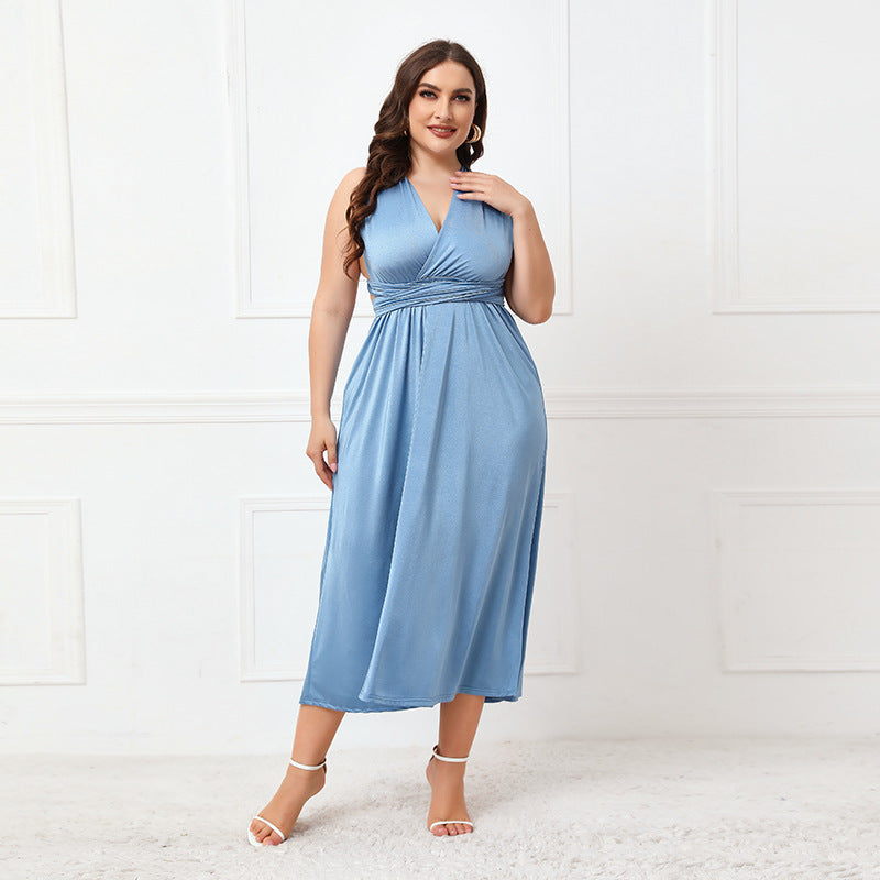 Plus Size Irregular Asymmetric Formal Dress Women Cross Backless Sexy Lace up Dress Haze Blue