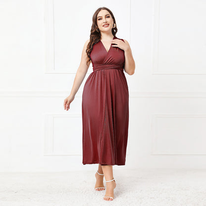 Plus Size Irregular Asymmetric Formal Dress Women Cross Backless Sexy Lace up Dress Burgundy