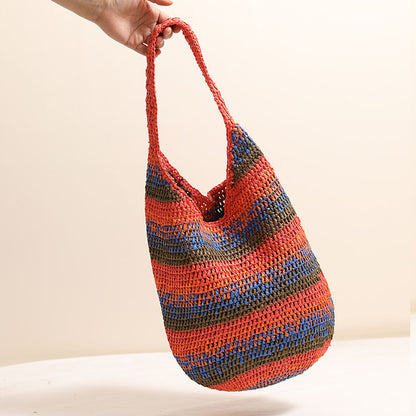 Color Shoulder Straw Bag Casual Large Capacity Woven Bag Seaside Vacation Beach Bag All Matching Straw Bag