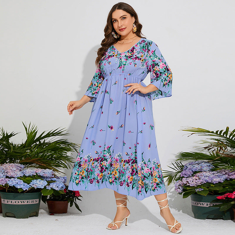 Plus Size Spring Dress Floral Chiffon Elastic Waist Flare Sleeve Vacation Dress
