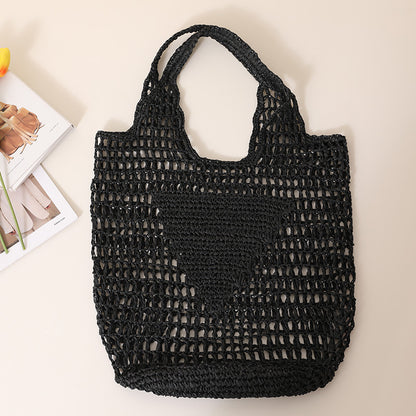 Large Capacity Hollow Out Cutout Straw Bag Fresh Candy Color One Shoulder Tote Woven Bag Portable Women Beach Bag One Size Black