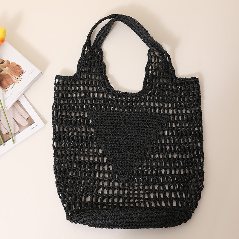 Large Capacity Hollow Out Cutout Straw Bag Fresh Candy Color One Shoulder Tote Woven Bag Portable Women Beach Bag One Size Black