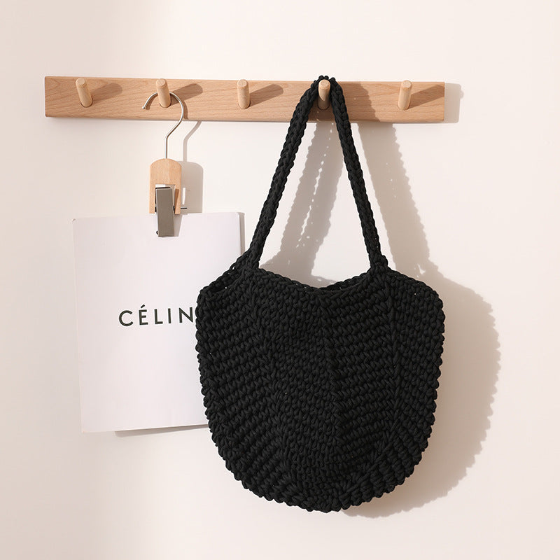 South Korea Vintage Shoulder Cotton Thread Woven Bag Crochet Handbag Straw Bag Vacation Beach Bag One Size Cotton Thread Carambola Black Belt Magnetic Snap