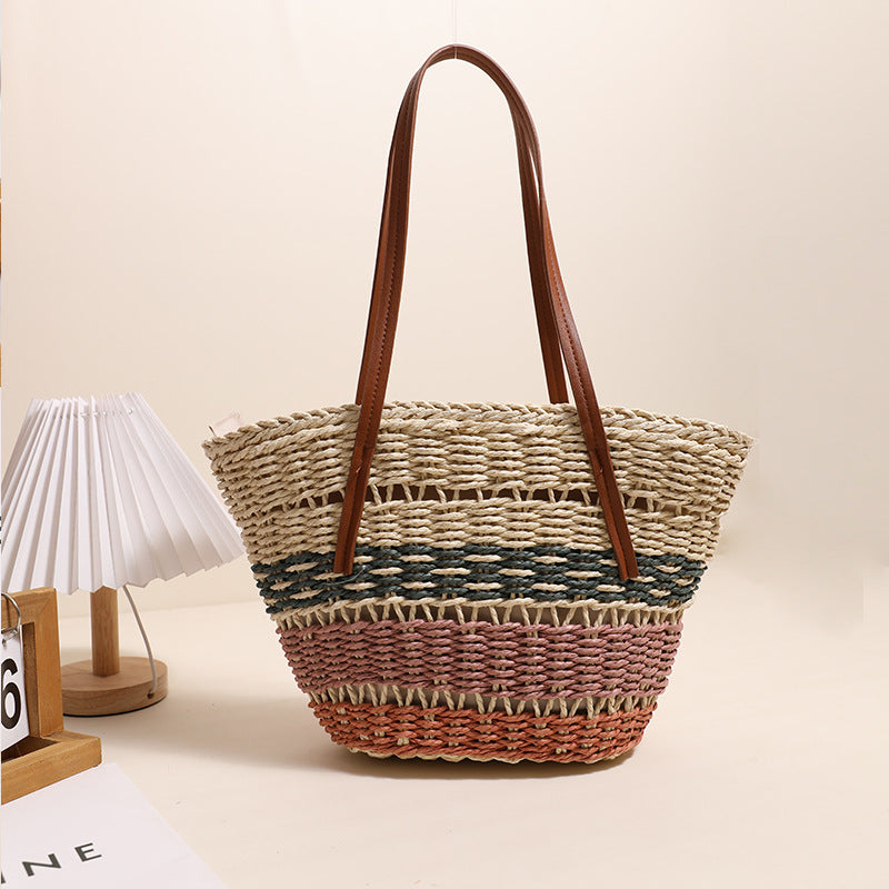 Colorful Striped Shoulder Straw Bag Large Capacity Straw Bag Woven Bag Rattan Women Bag Portable Vegetable Basket One Size Three-Color Basket Green Pink Orange