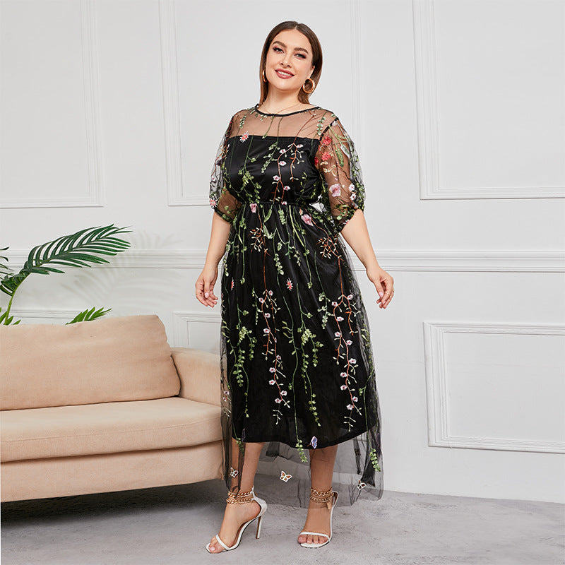 Plus Size French Hepburn Dress Women Mesh Embroidered Banquet Party Maxi Dress Black