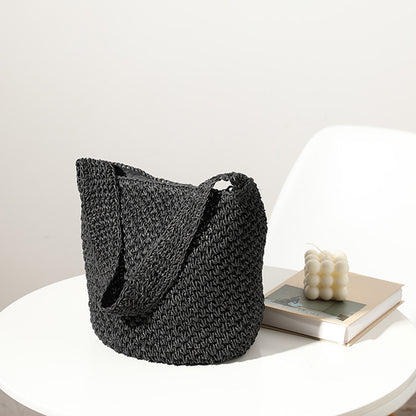 Hand Woven Bag Woven Bag Straw Bag Woven Bag Bucket Bag Seaside Vacation Beach Bag One Size Solid Color Bucket Black