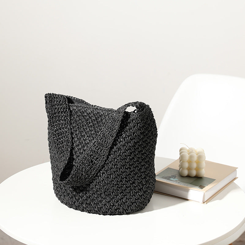 Hand Woven Bag Woven Bag Straw Bag Woven Bag Bucket Bag Seaside Vacation Beach Bag One Size Solid Color Bucket Black