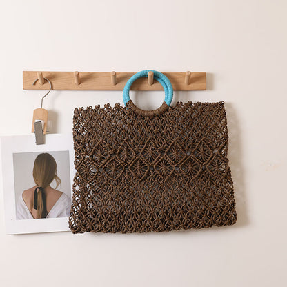 Round Handle Portable Square Straw Bag Summer Hollow Out Cutout Pattern Straw Bag Woven Bag Women Seaside Vacation Beach Bag One Size Blue Handle Within Paper String