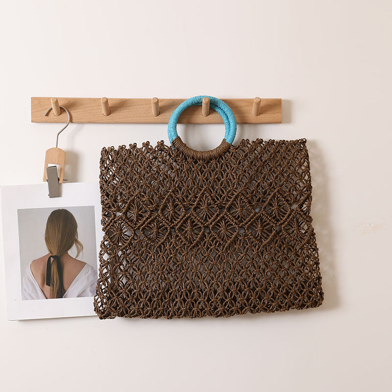 Round Handle Portable Square Straw Bag Summer Hollow Out Cutout Pattern Straw Bag Woven Bag Women Seaside Vacation Beach Bag One Size Blue Handle Within Paper String