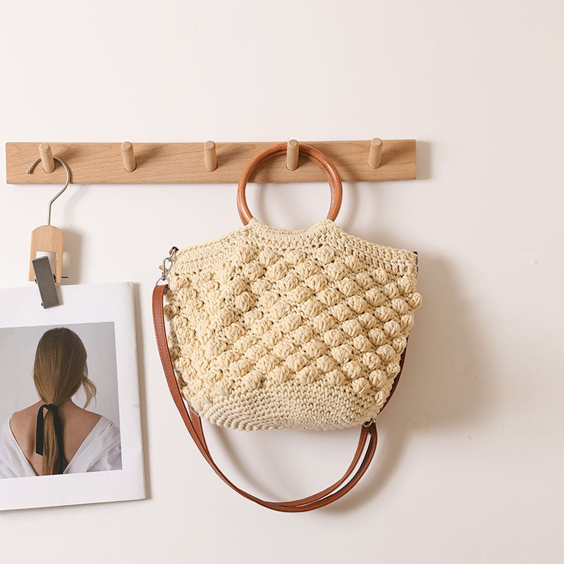 Beanie Crossbody Straw Bag Wooden Ring Portable Straw Bag Woven Bag Vacation Beach Bag Women Bag One Size Round Handle Miandoudou