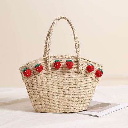 Cute Strawberry Portable Vegetable Basket Bag Hand Carrying Large Capacity Straw Bag Vacation Beach Bag Hand Woven Bag