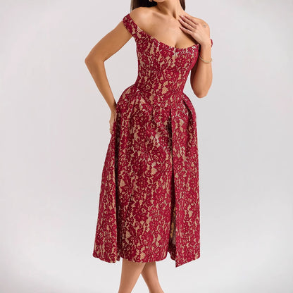 Off Shoulder Dress - Backless Floral Print Midi Dress with Waist Detail Burgundy