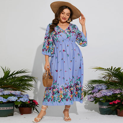 Plus Size Spring Dress Floral Chiffon Elastic Waist Flare Sleeve Vacation Dress