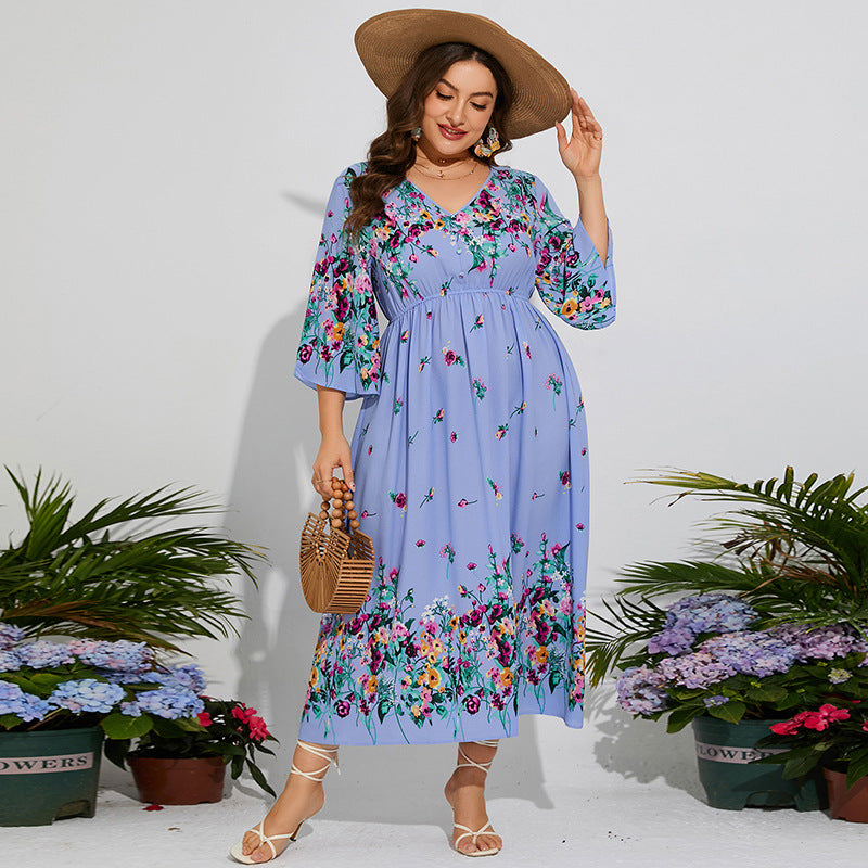Plus Size Spring Dress Floral Chiffon Elastic Waist Flare Sleeve Vacation Dress