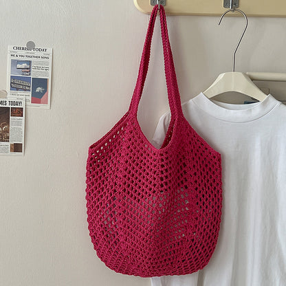 Casual Large Capacity Cotton Thread Woven Bag Hollow Out Cutout Straw Bag Idle Shoulder Bag Vacation Beach Bag Women Bag One Size Hollow Carambola with Inner Bag Rose Red