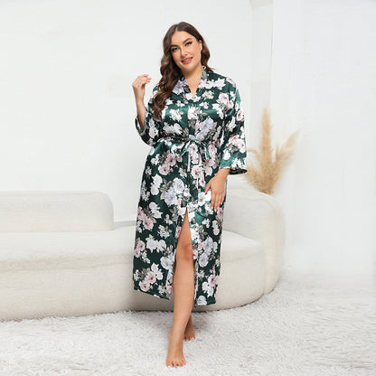 Plus Size Women Artificial Silk Satin Long Sleeved Pajamas Plump Girls Wearable Home Camellia Green