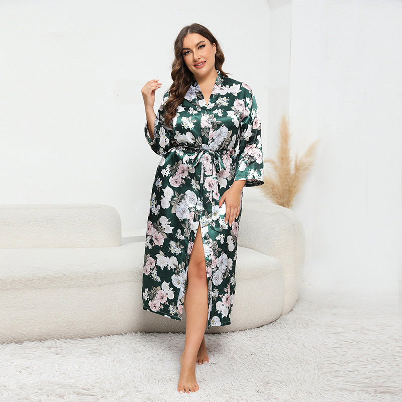 Plus Size Women Artificial Silk Satin Long Sleeved Pajamas Plump Girls Wearable Home Camellia Green