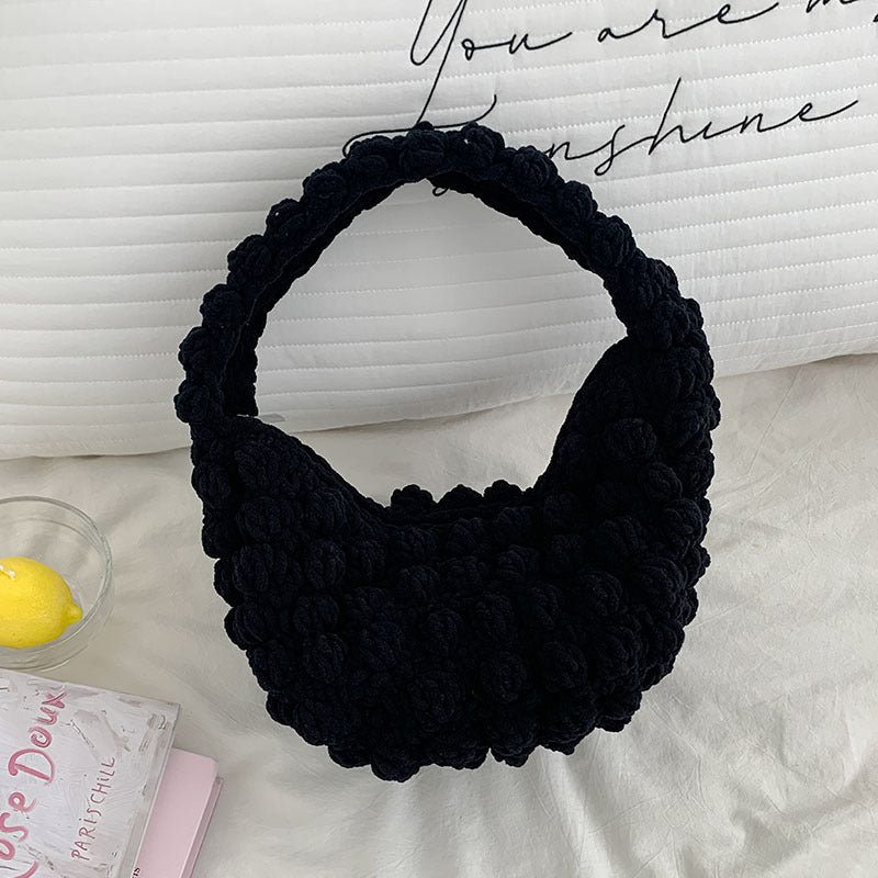 Cute Portable Beanie Straw Bag Handmade Crocheted Solid Color Hand Carrying Woven Bag Women Seaside Vacation Beach Bag One Size Color Bean Bag Black