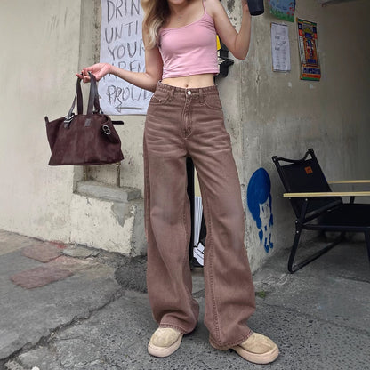 Non Elastic Wide Leg Three Dimensional Cat Beard Denim Candy Color Brown Colored Trousers