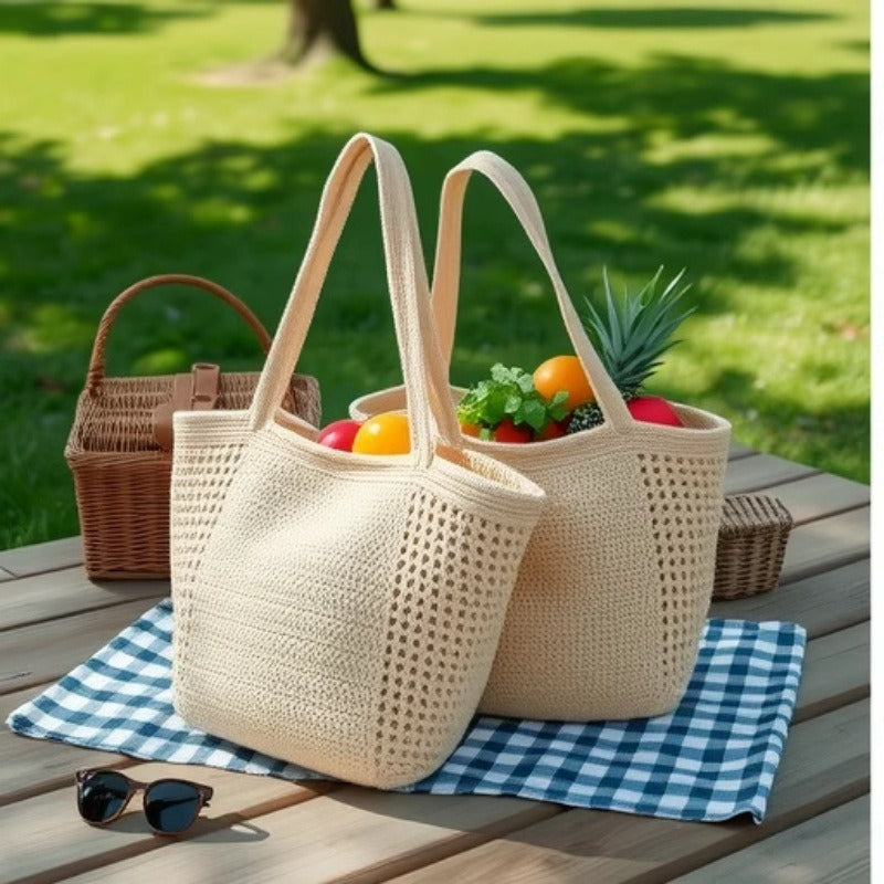 Large Capacity Cotton Thread Woven Bag Hollow Out Cutout Shoulder Straw Bag Vacation Beach Bag Women Bag