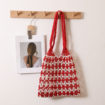 Summer Straw Woven Bag With Lace Up Pattern Suitable For Women Beach Vacation Beach Bag One Size Color Matching Twist Red inside