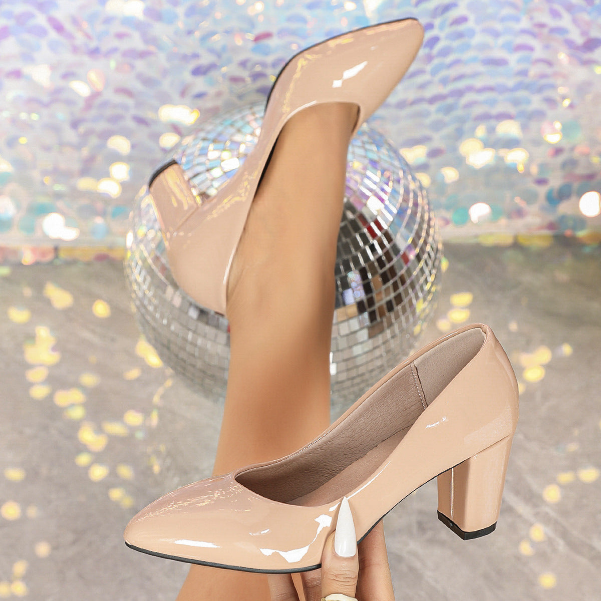 Spring Pointed Patent Leather Solid Color 7cm Chunky Heel High Heels Elegant Women Pumps Commuting Elegant Apricot