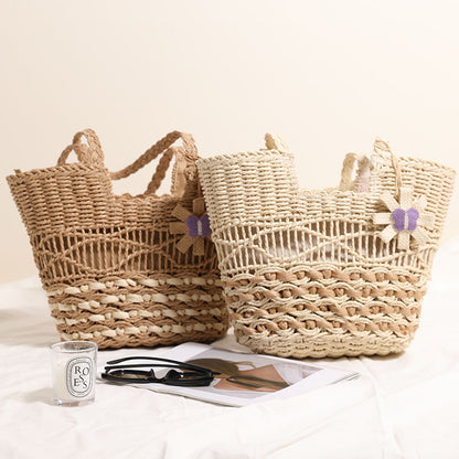One Shoulder Hollow Out Cutout out Straw Bag Floral Contrast Color Woven Bag Vacation Beach Bag Women Bag