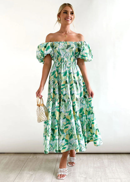 Holiday Sexy Slim Fit Backless Large Swing Dress off-Neck Printed Dress Summer Yellow and Green Leaves
