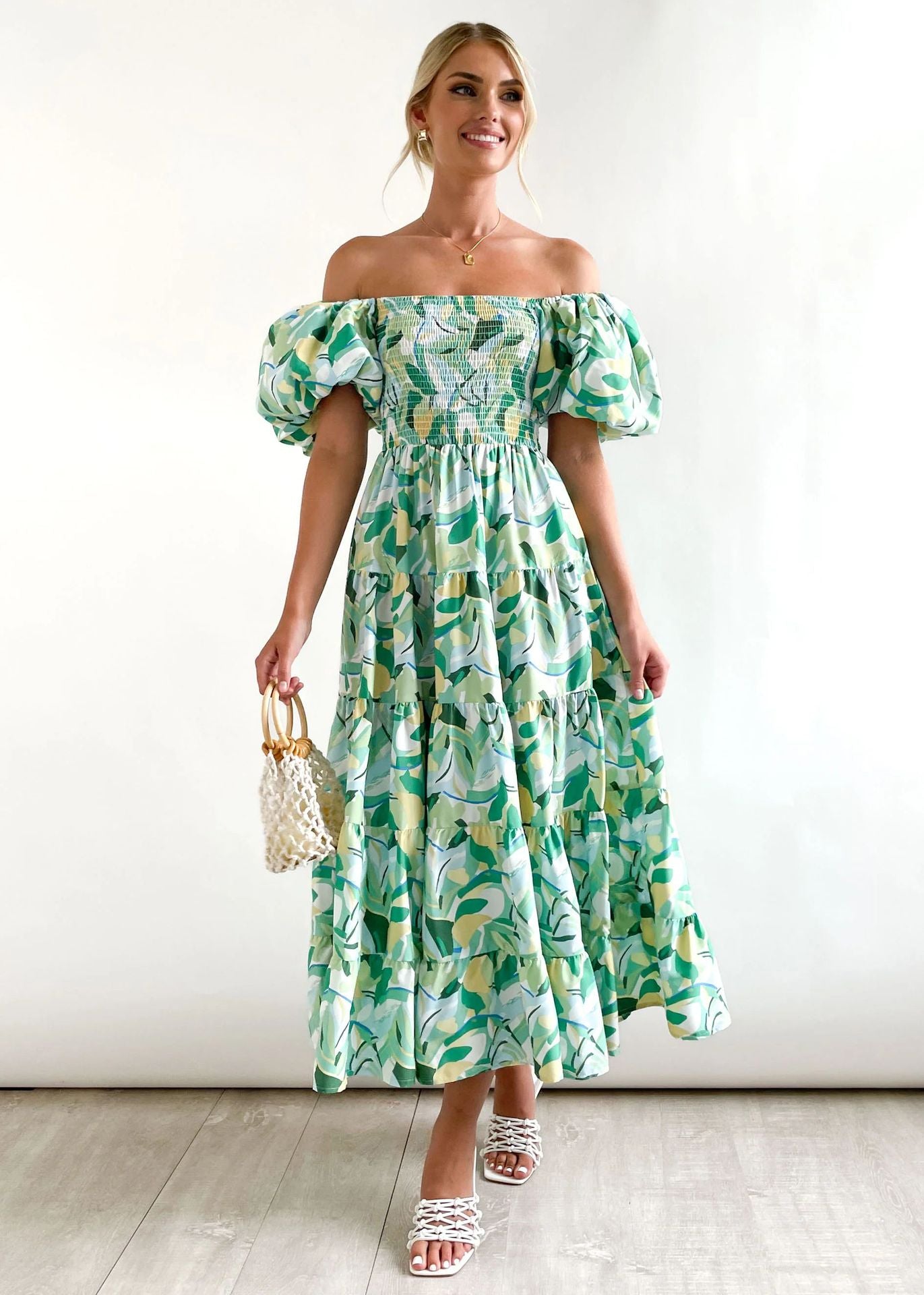 Holiday Sexy Slim Fit Backless Large Swing Dress off-Neck Printed Dress Summer Yellow and Green Leaves