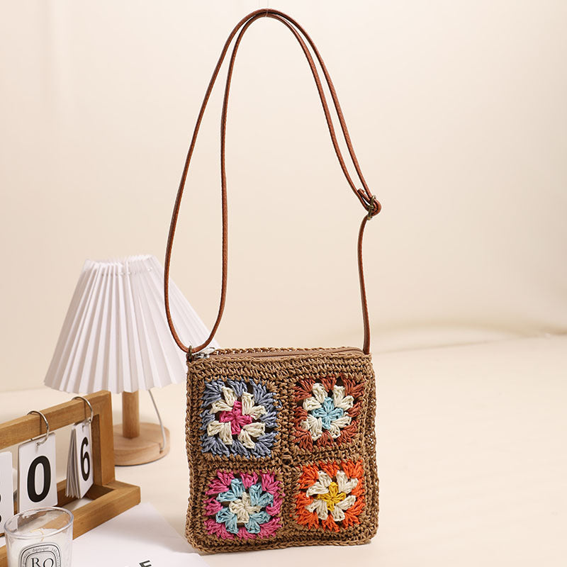 Hollow Out Cutout Floral Crossbody Straw Bag Retro Square Straw Bag Woven Bag Vacation Beach Bag All Match Shoulder Bag One Size Multi1
