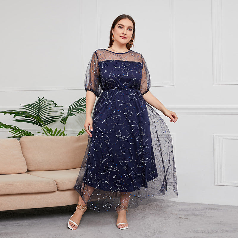 Plus Size New French Hepburn Dress Women Mesh Banquet Party Maxi Dress Prom Dresses Blue