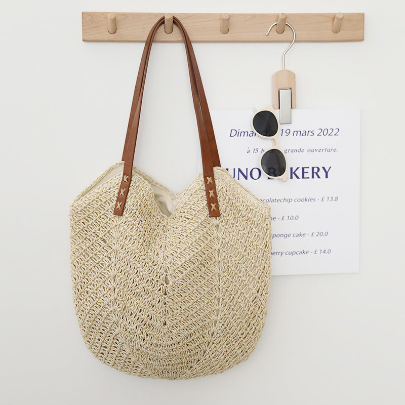 Retro Straw Bag Portable Large Capacity Shoulder Woven Bag Vacation Beach Bag Women Bag One Size Straw Leaf Rice