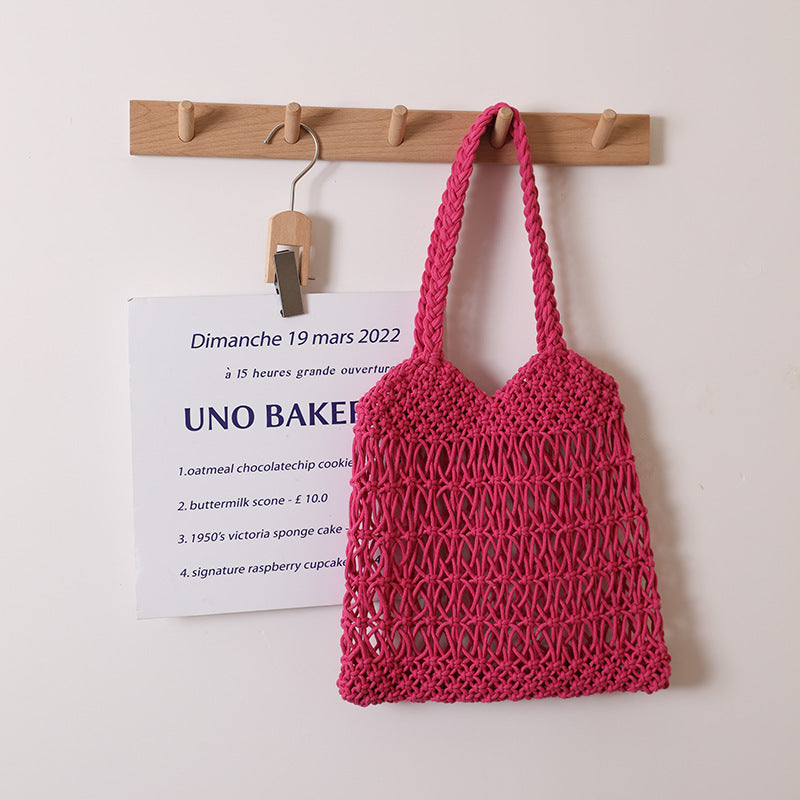 Hollow Out Cutout One Shoulder Cotton Thread Woven Bag Floral Straw Bag Vacation Beach Bag Women Bag One Size V-Shaped Twist Rose Red