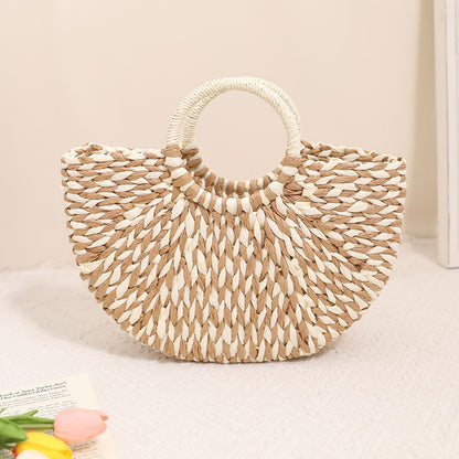 Niche Semicircle Portable Straw Weaved Bag Retro Color Hand Carrying Straw Bag Woven Bag Women Seaside Vacation Beach Bag One Size Coffee